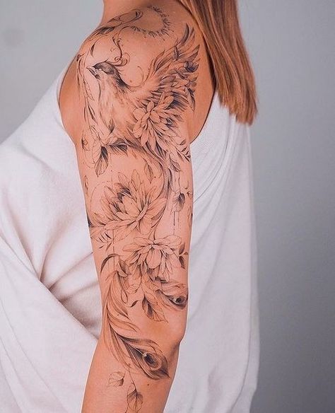 Phoenix Tattoo Design Shoulder, Pheonix Thigh Piece, Phoenix Tattoo On Arm For Women, Fenix Flowers Tattoo, Phoenix Leg Sleeve Tattoo, Large Pheonix Tattoo For Women, Floral Pheonix Tattoo For Women, Beautiful Phoenix Tattoo Feminine, Most Feminine Tattoos