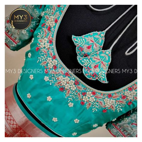 MY3's most loved 💕 Bridal work blouse🥻 👇 The Bridal Edit - A lovely Persian Green 💕 pattu blouse, exquisitely adorned with intricate ⚜️💮 flower bunches maggam work and customised pot neckline and cutwork sleeves. The design features detailed craftsmanship🧶🪡, embellished🧵 with zari, chella flowers, zardosi, cut dana, beads, Pearls, kundhans, sequins and Jarkan with Sleeve Monalisa drops . The fine detailing and pure workmanship ✨ highlight the blouse's rich and elegancy 🪅🌟 👇 MODEL NO : 114 👇 B... Cut Dana Work Designs, Pearl Maggam Work Blouse Designs, Pearl Maggam Work, Blouse Designes, Persian Green, Flower Bunches, Maggam Work Blouses, Maggam Work Blouse Designs, Work Blouses