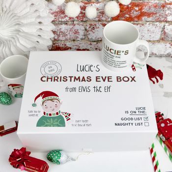 elf design large christmas eve box by auntie mims | notonthehighstreet.com Elf Christmas Eve, Personalised Christmas Eve Box, Elf Design, Grandmas Christmas, Gift Boxes For Women, Merry Christmas Eve, Christmas Hamper, Party Kits, Elf Christmas