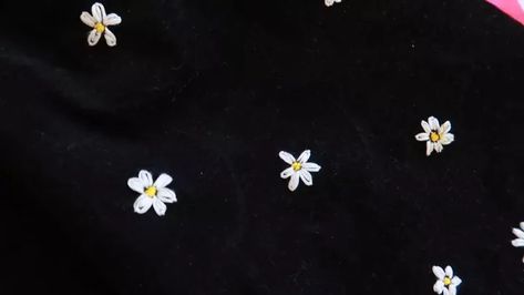 This is a guide to refashioning an old dress by embroidering daisies. Learn how to embroider a dress by hand with cute daisies, using this easy step-by-step tutorial. Plain Black Dress, Black Plain Dress, Old Dress, Hat Flower, Daisy Petals, Basic Embroidery, Basic Embroidery Stitches, Old Dresses, Embroidery Scissors