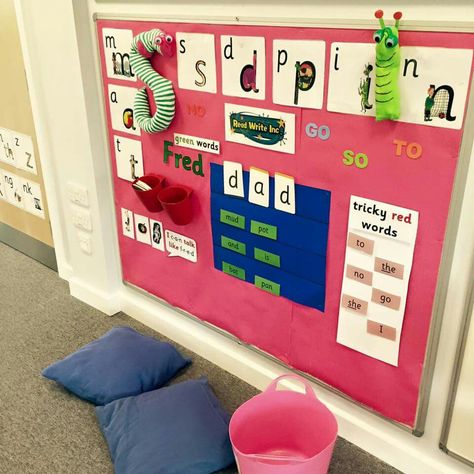 RWI display                                                                                                                                                                                 More Phonics Display Board, Book Display Classroom, Literacy Working Wall, Read Write Inc Phonics, Eyfs Literacy, Phonics Display, Literacy Display, Read Write Inc, Reception Classroom