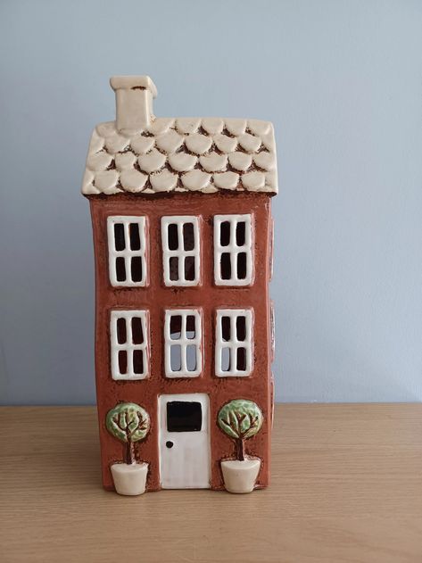 Village Pottery Houses, Ceramic House Candle Holder, Ceramic Houses Pottery, Wooden Gingerbread House, Ceramic Village, House Candle Holder, House Ceramic, Ceramics Inspiration, Brick Garden