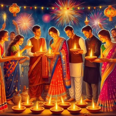 Diwali Drawing For Competition, Diwali Scene Drawing, Diwali Illustration Art, Diwali Festival Drawing, Nike Photoshoot, Village Scene Drawing, Festival Drawing, Diwali Painting, Laxmi Puja