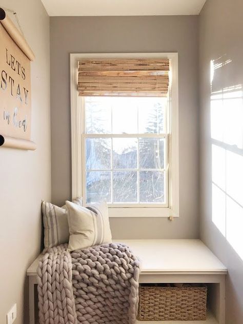 Reading Nook Dormer Window, Nursery Dormer Window, Ideas For Dormer Window Space, Small Window Nook Ideas Bedroom, Bedroom Dormer Window Ideas, Cape Cod Window Nook, Couch Between Two Windows, Window Seat Alcove, Small Dormer Window Ideas