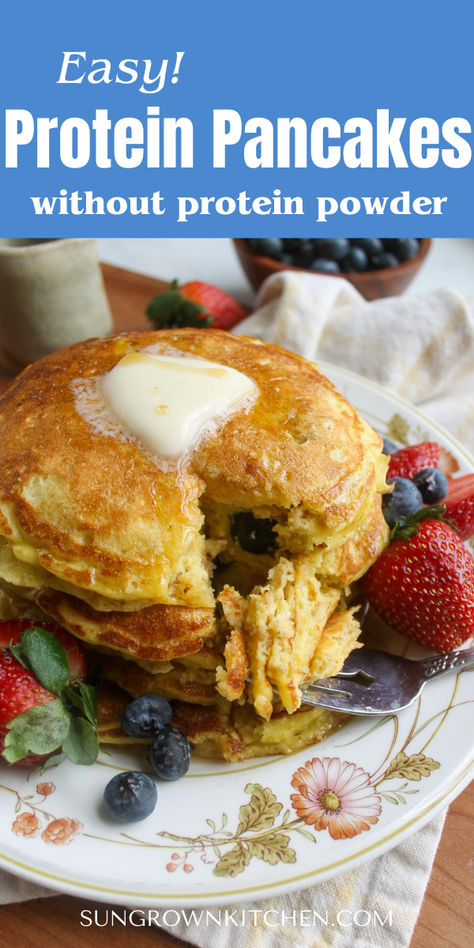 These Easy Protein Pancakes without protein powder are my everyday favorite go-to pancake recipe!  These healthy pancakes with oatmeal, almond flour, yogurt and extra eggs are a quick and easy protein breakfast!  Pancake without sugar are delicious protein pancakes for kids too! Protein Pancakes For Kids, Protein Pancakes Without Protein Powder, Pancakes With Oatmeal, Easy Protein Breakfast, Regular Pancake Recipe, Fluffy Protein Pancakes, Pancakes For Kids, Healthy Pancakes Easy, Chickpea Flour Pancakes