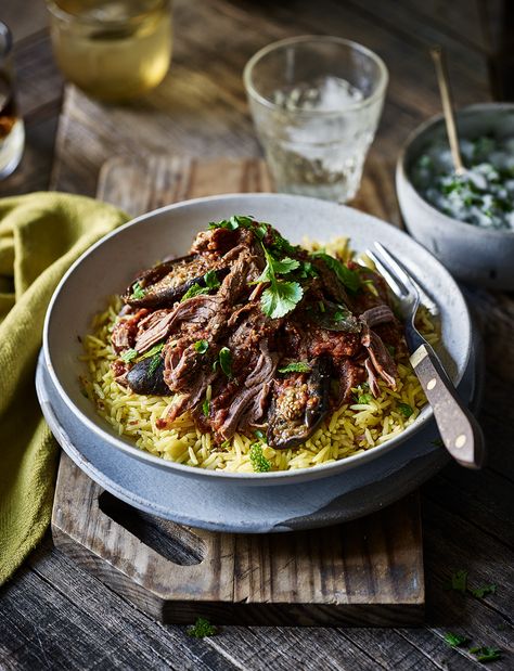 This rich, tender slow-cooked lamb Madras recipe has great depth of flavour – all you need to accompany it is a simple golden pilau rice and a refreshing cucumber and mint yogurt raita. Lamb Casserole Recipes, Lamb Madras, Madras Recipes, Waitrose Recipes, Lamb Casserole, Magazine Recipe, Pilau Rice, Sainsburys Recipes, Mint Yogurt