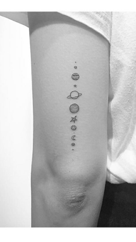 Planets In A Line Tattoo, Outer Space Tattoos Simple, Minimalist Yin Yang Tattoo, Small Planets Tattoo, Galaxy Tattoo Minimalist, Tiny Planet Tattoo, Trust The Universe Tattoo, Tiny Planet Tattoos, Coldplay Tattoo