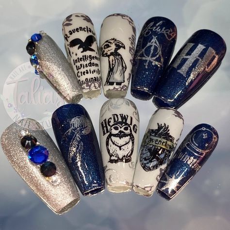 ✨🪄 Step into the Wizarding World with these enchanting Harry Potter-themed nails! From #Hedwig to #Hogwarts, these designs are pure magic. 💫 Whether you're a #Gryffindor, #Slytherin, #Hufflepuff, or #Ravenclaw, show off your house pride with style! ✨ I love using mixed mediums like chrome stamping, watercoloring, and crystals to create unique, eye-catching designs! 🌟 Want to learn how to create your own bespoke nails? Join my online workshops and unleash your creativity! I use a wide range ... Ravenclaw Nail Art, Ravenclaw Nails, Harry Potter Nails Designs, Harry Potter Nail Art, Harry Potter Nails, Birthday Nail Designs, Gryffindor Slytherin, Claw Nails, Edgy Nails