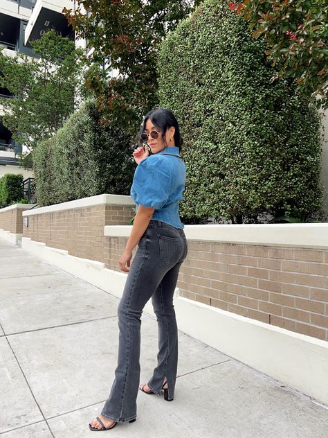 Hi, babes! 💖 I'm Marissa, your go-to style blogger, bringing you the best outfit inspo! 💃 Feast your eyes on this effortlessly stylish all-denim outfit: a chic combo of black Flexx skyscraper jeans and a corset puff-sleeve denim top. Paired with round sunglasses and sleek black heels, this look is an absolute fashion crush! 😍 Don't forget to follow me for more outfit inspo and save this pin for future reference. Skyscraper Jeans Outfit, Stylish Denim Outfits, All Denim Outfits, San Diego Style, Size 8 Fashion, Future Outfit, Denim Trends, Style Blogger, Denim Outfit