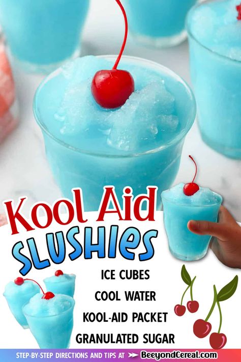 These Kool-Aid slushies are like a blast from the past and a sip of nostalgia in every cup. Made with just 4 simple ingredients, you too can have a glorious fruity drink made in just minutes. These drinks are perfect for summer and perfect for kids of all ages. Fun Kids Drinks, Homemade Summer Drinks, Slushy Drinks, Cold Drinks Recipes, Slush Recipes, Fun Drink Recipe, Slushie Recipe, Fruit Smoothie Recipes Healthy, Drink Recipes Nonalcoholic