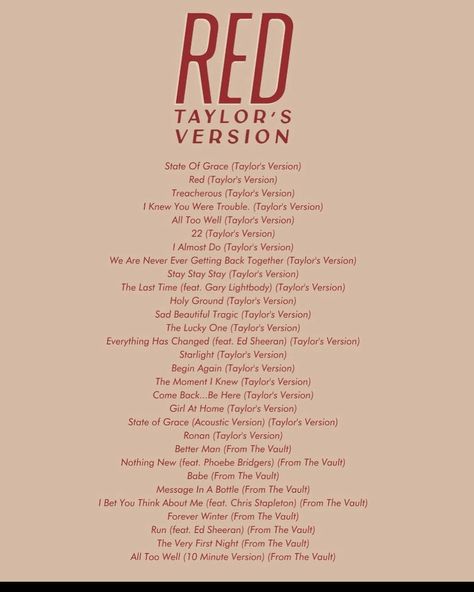 Taylor Swift Red Songs, Taylor Swift Songs List, Gary Lightbody, Red Song, 22 Taylor, Loving Him Was Red, Everything Has Change, State Of Grace, Taylor Swift Red