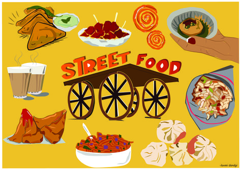 Mumbai Street Food Illustration, Indian Street Food Illustration, Indian Food Poster, Desi Restaurant, Street Food Poster, Street Food Illustration, Moodboard Example, Character Development Illustration, Indian Mural