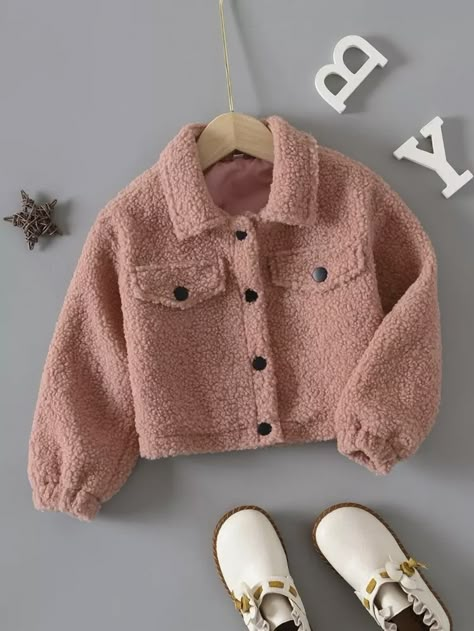 Toddler Girls Flap Detail Teddy Jacket | SHEIN USA Jackets For Girls Winter, Winter Baby Clothes Girl, Dusty Pink Fabric, Baby Girl Clothes Winter, Winter Baby Clothes, American Girl Clothes, Teddy Jacket, Toddler Girl Outfits