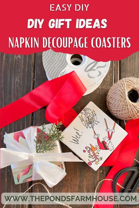 Decoupage Tile Coasters, Decoupage Christmas Gifts, Christmas Diy Coasters, Christmas Napkin Decoupage Ideas, Christmas Napkin Decoupage, Christmas Coasters Diy, Diy Christmas Coasters, Mod Podge Coasters, Diy Gift Ideas For Christmas