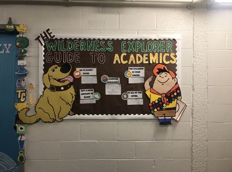 wilderness explorers guide to academic success, up bulletin board, college, academics College Themed Bulletin Boards, Up Door Decs, Up Theme Bulletin Board, Up Bulletin Board Ideas Disney, Up Movie Bulletin Board Ideas, Ra Academic Bulletin Boards, Up Movie Classroom Theme, Academic Success Bulletin Board, Disney Themed Bulletin Boards