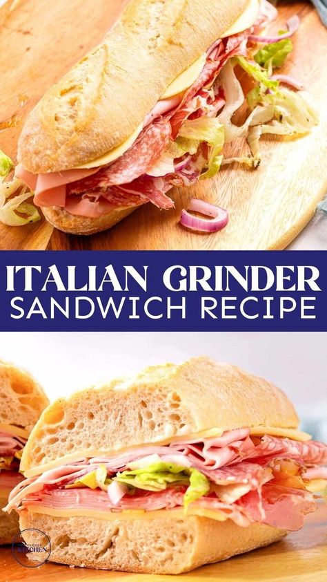 This quick and easy Italian grinder sandwich is a great lunch idea or dinner idea! Getting in on the TikTok viral sandwich trend, I created this Italian grinder sub sandwich to show you how easy it is to make! This Italian Grinder Sandwich recipe combines savory deli meats, creamy provolone, crisp lettuce, onions, pepperoncini, and bright vinaigrette on a crusty Italian loaf. It's perfect for gatherings or to share with friends and family at home! It's an easy weeknight meal idea! Grinder Sub Sandwich, Grinder Sandwich Recipe, Viral Sandwich, Italian Grinder Sandwich, Cold Lunch Recipes, Italian Loaf, Lunch Sandwich Recipes, Italian Grinder, Grinder Sandwich