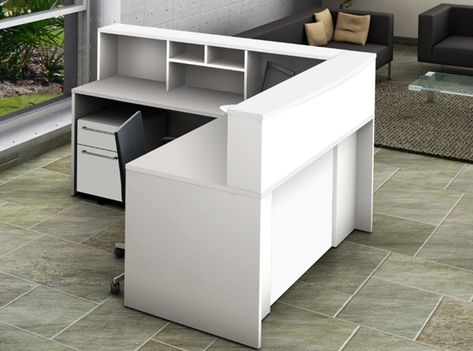 L-Shape Corner Desk with Hutch Contemporary Office Reception, Reception Seating Area, Office Reception Seating, Corner Office Desk, Office Desk With Hutch, Corner Desk With Hutch, Contemporary Office Space, Office Reception Area, L Shaped Corner Desk