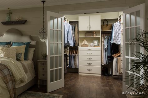 Ivory Walk-In Closet | Start and end your day on a peaceful, uplifting note with a beautiful walk-in closet with room for two. Easy Closet, Diy Custom Closet, Make A Closet, Custom Closet Organization, Closet Small Bedroom, Closet Planning, Closet Built Ins, No Closet Solutions, Simple Closet