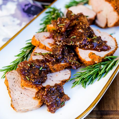 Pork Tenderloin with Dijon Fig Sauce (Air Fry or Roast) - The Foodie Affair Fig Stuffed Pork Tenderloin, Fig Pork Tenderloin, Pork And Fig Recipe, Fig Sauce For Pork, Fig Pork Chops, Fig Recipes Dinner, Fig Dishes, Fig Chutney Recipe, Sauce For Pork Tenderloin