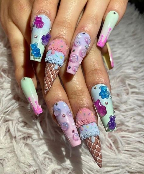 3d Ice Cream Nail Art, 3d Candy Nails, Candy Land Nails Acrylic, Candy Nails Designs 3d, Gummy Bear Nails Designs, Candy Inspired Nails, Candy Nails Acrylic, Food Nails Designs, Acrylic Nails Barbie