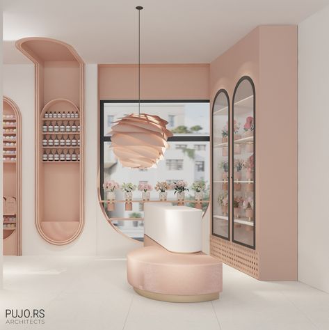 GIFT AND FLOWER SHOP on Behance Cosmetic Retail Design, Retail Shop Interiors, Beauty Shop Interior Design, Fancy Shop Interior Design, Luxury Shop Interior, Flower Shop Design Interiors, Gift Store Design, Gift Shop Interior Design, Blush Interior Design