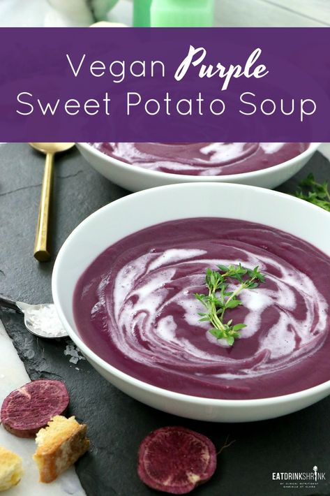 Vegan Purple Sweet Potato Soup - Labeless Nutrition Potato Squash Soup, Detox Vegetable Soup, Vegan Finger Foods, Stews Recipes, Purple Sweet Potato, Purple Potatoes, Purple Sweet Potatoes, Potato Vegetable, Vegan Soup Recipes