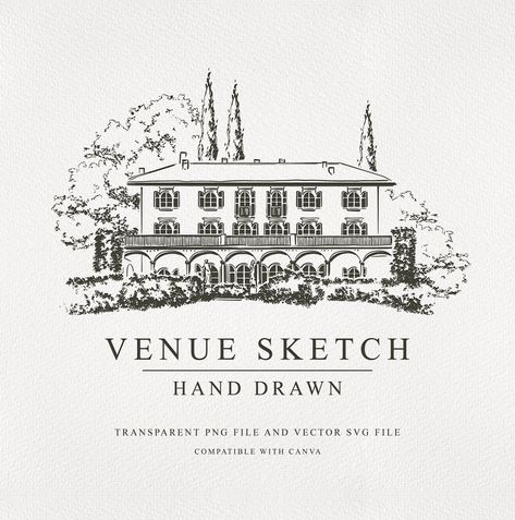 Wedding Venue Illustration, Venue Sketch, Venue Illustration, Bespoke Invitations, Hand Drawn Wedding, Building Drawing, Printing Company, Urban Sketching, Custom Illustration