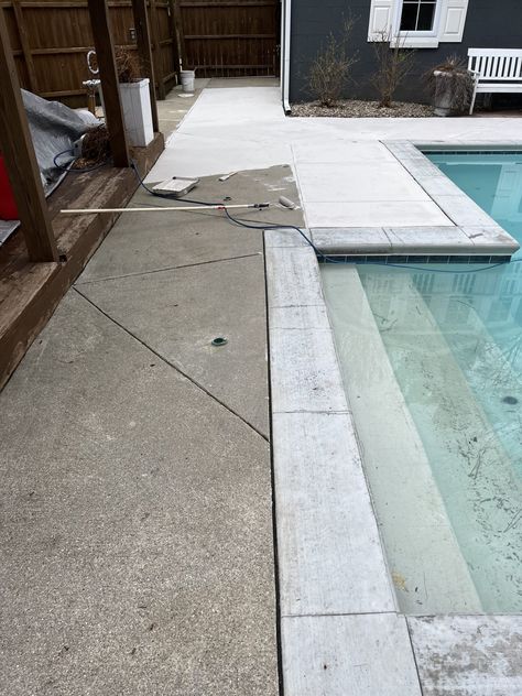 Stained Concrete Pool Deck - The Lilypad Cottage Painted Pool Deck, Cement Pool, Pool Decking Concrete, Pool Stains, Diy Concrete Stain, Cement Pools, Concrete Pool Deck, Diy Concrete Patio, Pool Makeover