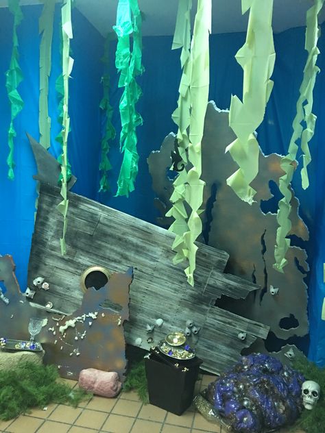 Deep Sea Decorations Ocean Themes, Underwater Pirate Shipwreck, Octopus Vbs Decoration, Scuba Vbs Sunken Ship, Diy Sunken Ship Under The Sea, Shipwreck Halloween Decorations, Deep Sea Party Decorations, Coral Diy Decor, Diy Shipwreck Decor