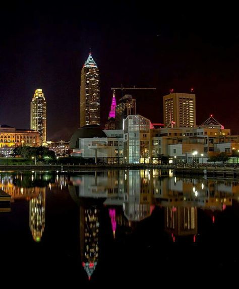 Cleveland, Ohio at night. Cleveland Ohio Aesthetic, Downtown Cleveland Ohio, Cleveland Rocks, Downtown Cleveland, Toledo Ohio, Cleveland Ohio, 2024 Vision, Night Aesthetic, Gotham City