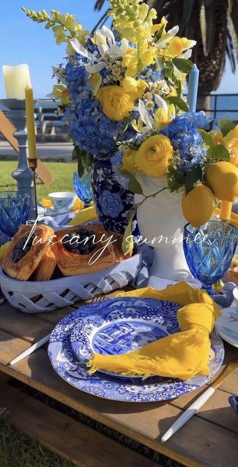 Blue And Yellow Italian Party, Amalfi Coast Inspired Patio, Lemon Dinner Table Decor, Amalfi Coast Flowers, Yellow And Blue Birthday Decor, Medditeranean Party Theme, Italian Lemon Theme Party, Almafi Themed Party, Positano Decor