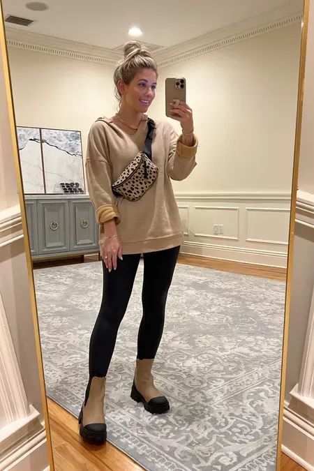 Tan Sweatshirt Outfit, Belt Bag Outfit, Boots Target, Target Boots, Leopard Belt, Comfy Casual Outfits, Tan Belt, Target Style, Sweatshirt Outfit