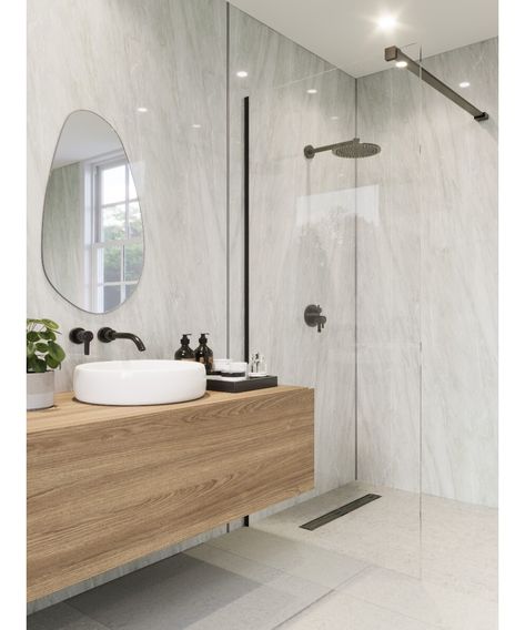 Kitchen Wall, Floor or Splashback Tiles | Ideas & Inspiration | | Topps Tiles Pvc Bathroom Panels, Modern Bathroom Decoration, Grey Marble Bathroom, Acrylic Shower Walls, Light Grey Bathrooms, Bathroom Cladding, Bathroom Shower Panels, Grey Bathroom Tiles, Marble Tile Bathroom