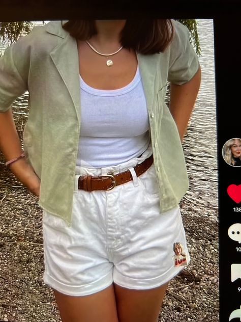 Green And White Summer Outfits, Sage Aesthetic Outfit, Sage Green Summer Outfits, Sage Green Button Up Outfit, Green Summer Outfit Aesthetic, Sage Green And White Outfit, Sage Green Shirt Outfits, Light Green Shorts Outfit, Sage Green Aesthetic Outfit