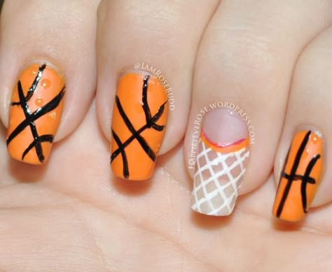 Orange basketball and net nail art design 31dc2013 Basketball Nail Designs, Sports Nail Art, Basketball Nails, Orange Nail Art, Sports Nails, Ball Hairstyles, Latest Nail Art, Orange Nails, Cute Nail Designs