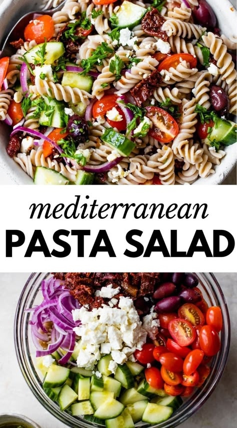 This gorgeous and colorful Mediterranean Pasta Salad is always welcome at the picnic. Layers of Mediterranean vegetables are tossed with pasta and a sun-dried tomato-infused vinaigrette, giving you a perfect summer side dish in less than 30 minutes! Meditteranean Pasta Salad, Medeteranian Pasta Salad, Mederteranian Pasta Salad, Mediterranean Side Salad, Mediterranean Diet Recipes Salad, Greek Salad With Pasta, Medeteranian Pasta Recipes, Medaterain Recipes, Mediterranean Salad Pasta