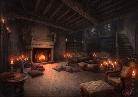 Fantasy Lounge Concept Art, Fantasy Armoury Room, Fantasy Basement, Dark Castle Interior, Fantasy Castle Interior, Medieval House Interior, Fantasy House Interior, Dungeon Room, Castle Rooms