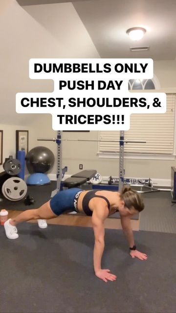 Alessandra on Instagram: "Final workout of 2022!! I had to share with you guys this upper body push day because nothing makes me feel more bad ass than a solid Upper Body training session! 💪🏼 All you need for this killer 🔥 workout is a pair of dumbbells. Bench is optional. Save 📌 | Like ❤️ | Share 😉 Method 👉🏻 10-12 reps, 3-4 sets As a reference, I’m using 15 & 20lbs dumbbells! Workout: 👇🏻 * Push ups * Shoulder Press * OH triceps extensions * Chest press * Front raise * Triceps dips *Che Biceps Shoulders Chest Workout, Shoulder Triset Workout, Chest Shoulder Tricep Workout Dumbbell, Push Day Workout Dumbbells, Shoulder Chest Tricep Workout, Chest And Tricep Workout Dumbell, Chest Tricep Shoulder Workout, Chest And Tricep Workout Women, Chest Shoulder Tricep Workout