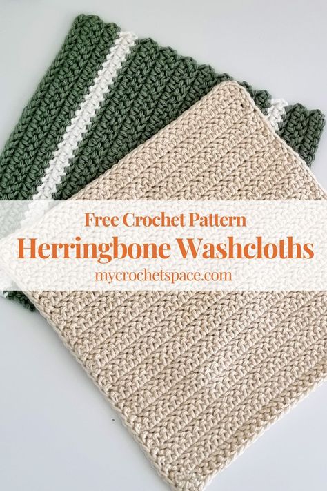 Easy Herringbone crochet free pattern to make a dishcloth or a washcloth. Quick to make, can use leftover cotton yarn. They make great last minute gifts! Half Double Crochet Washcloth Pattern, Easy Crochet Kitchen Towels, Cotton Yarn Crochet Ideas, Crochet Dishcloths Free Patterns, Herringbone Crochet Stitch, Herringbone Half Double Crochet, Herringbone Crochet, Cotton Yarn Projects, Crochet Washcloth Free Pattern