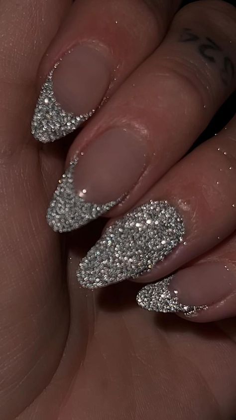 Silver Sparkly Nails, Bachelorette Nails, Homecoming Nails Almond, Silver Acrylic Nails, Glitter French Nails, Concert Nails, Prom Nails Silver, Quinceanera Nails, Reflective Nails