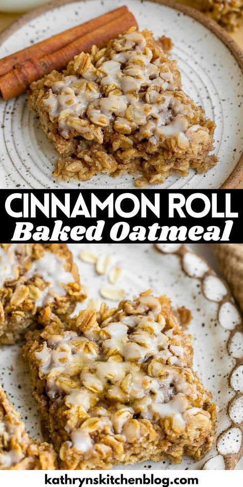 Cinnamon Roll Oatmeal Bake Cinnamon Oatmeal Bread, Breakfast Recipe With Oats, Healthy Baking Recipes Breakfast, Oat Meal Prep, Easy Breakfasts On The Go, Baked Oatmeal Bars Healthy, Baked Oatmeal Breakfast Bars, Oatmeal Breakfast Bars Recipes, Oatmeal Snack Recipes