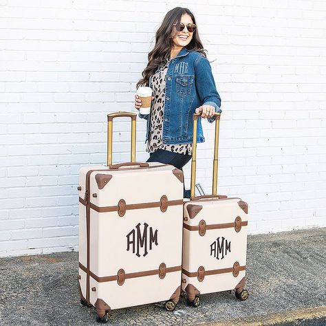 Monogrammed Vintage Carry-On Suitcase | Marleylilly Classic Coated Canvas Luggage With Sleeve, Formal Rectangular Monogram Canvas Luggage, Elegant Monogram Canvas Luggage For Travel, Elegant Monogram Canvas Luggage With Sleeve, Casual Travel Outfit, Vintage Rectangular Luggage With Sleeve, Personalized Suitcase, Classic Outfits For Women, Outfit Minimalist