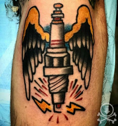 Awesome traditional style spark plug tattoo by Jose Bolorin.  #12ozstudios #team12oz #tattoo #tattoos #tattooed #tattooing #tattooism #tattooart #tattooartist #tattooer #tattooist #art #artstudio #tattooshop #tattoostudio #ink #inked #colortattoo #traditional #traditionaltattoo #sparkplug #cars #carculture #cartattoo #gearhead #gearheadtattoo Petrolhead Tattoo, Gearhead Tattoo, Sparkplug Tattoo, Spark Tattoo, Traditional Piston Tattoo, Spark Plug Tattoo, Gear Head Tattoo, Piston Tattoo, Eyeball Tattoo