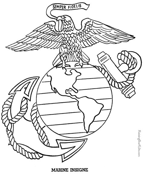 Patriotic Symbols - Marine Insigne drawing to print and color Marine Pictures, Marine Corps Emblem, Marines Logo, Patriotic Symbols, Flag Coloring Pages, Military Drawings, Marine Colors, Us Marine, The Marine