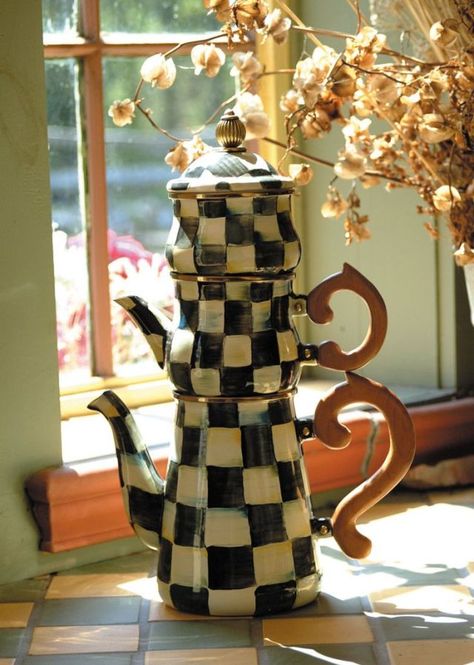 The History Behind MacKenzie-Childs' Most Iconic Pattern Mackenzie Childs Furniture, Mackenzie Childs Diy, Mackenzie Childs Inspired, Mckenzie And Childs, Courtly Check, Mad Hatter Tea, Mackenzie Childs, Coffee Set, Tea Pot