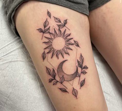 Sun And Moon Tattoo Women Arm, Gemini Sun And Moon Tattoo, Sun Moon Leg Tattoo, Thigh Tattoos Sun And Moon, Thigh Tattoos Women Sun And Moon, Sun And Moon Tattoo Women, Mother Moon Tattoo, Sun And Moon Calf Tattoo, Sun And Vine Tattoo