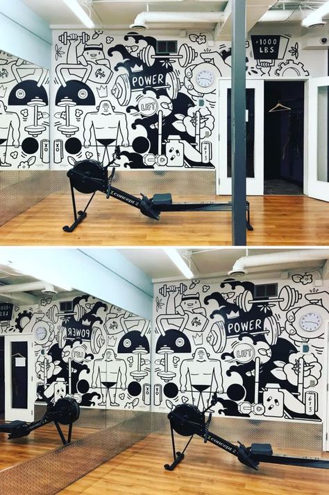 Indoor mural by Robbie Lariviere at Anytime Fitness Fitness Murals Gym, Sport Mural Ideas, Gym Graphic Design Wall Art, Sports Bar Mural, Home Gym Mural, Gym Mural Ideas, Home Gym Wallpaper, Gym Wall Painting, Gym Mural Wall Art