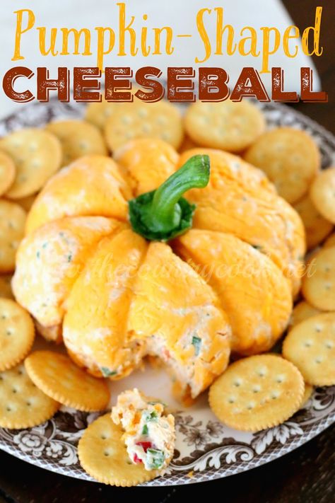 This ADORABLE Pumpkin Shaped Cheese Ball is not made with pumpkin but a creamy, ranch-style filling covered in yummy cheese! So cute and yummy! Pumpkin Shaped Cheese Ball, Shaped Cheese Ball, Cheeseball Recipe, Fall Appetizers, Country Cook, The Country Cook, Cheese Ball Recipes, Thanksgiving Appetizers, Country Cooking