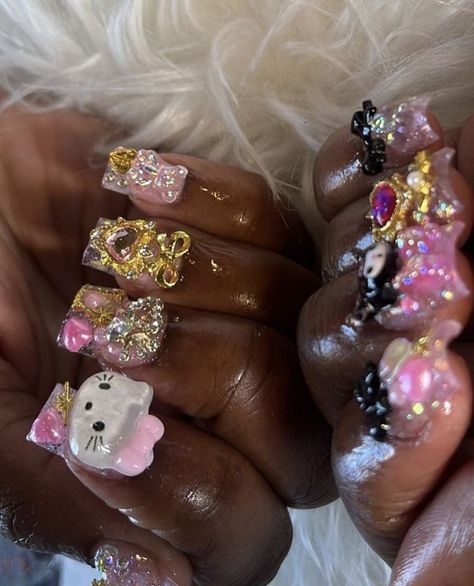 Birthday Nails Black, Girly Y2k, Kitty Nails, Work Nails, Dope Nail Designs, Hello Kitty Nails, Long Square Acrylic Nails, Nails Black, Short Acrylic Nails Designs