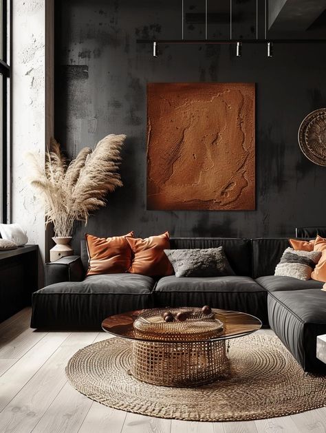 Black Couch Living Room Decor Color Schemes, Rust Living Room Ideas, Black And Rust Living Room, Industrial Interior Design Living Room, Rust Living Room, Warm Apartment Aesthetic, Rust Palette, Terracotta Living Room, Dark Living Room Ideas